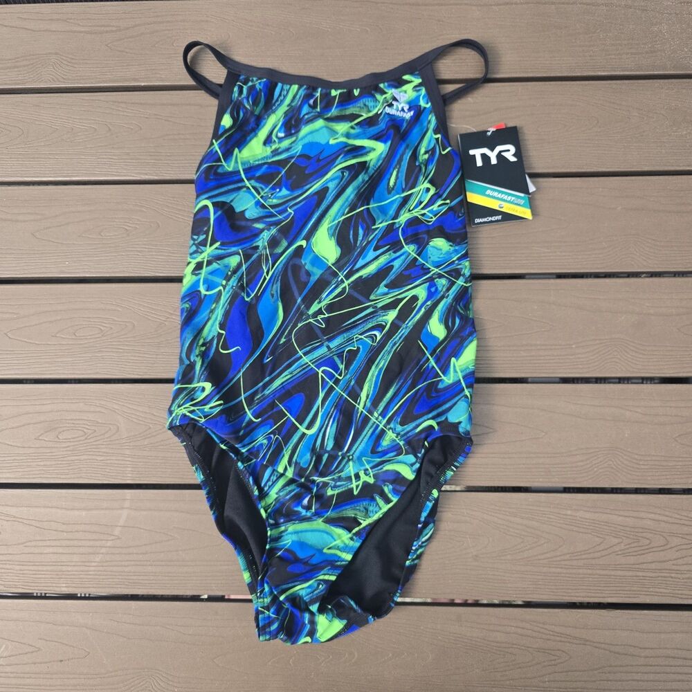 TYR Women's Durafast Moxie Blue/Green Diamondfit One Piece Swimsuit  SZ 34 NEW